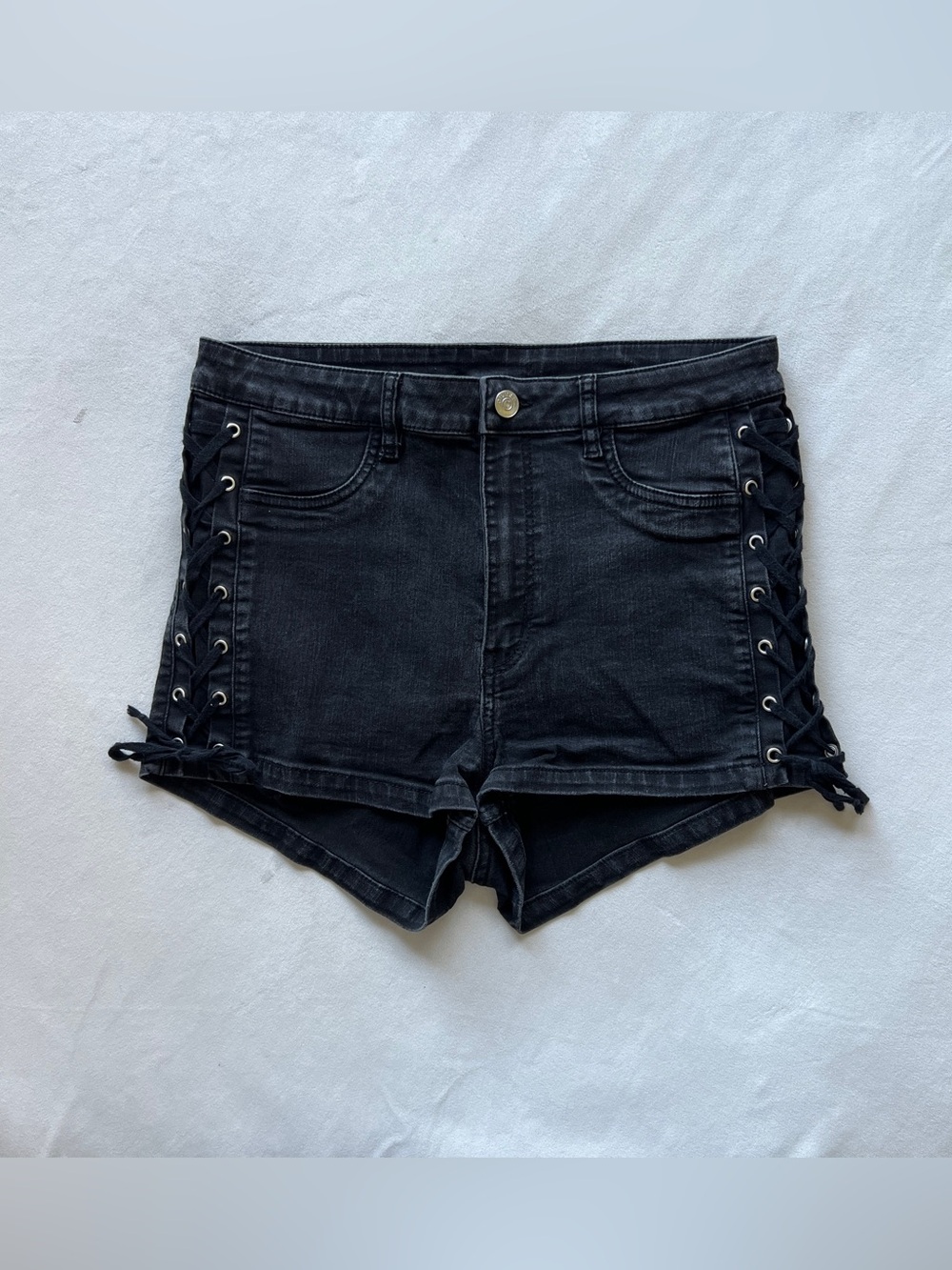 H&M Black High-Waist Lace-Up Denim Shorts